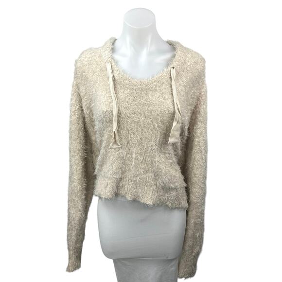 Free People Cream Eyelash Knit Hooded Hoodie Hi Low Pullover Sweater Top Size L - Picture 1 of 4